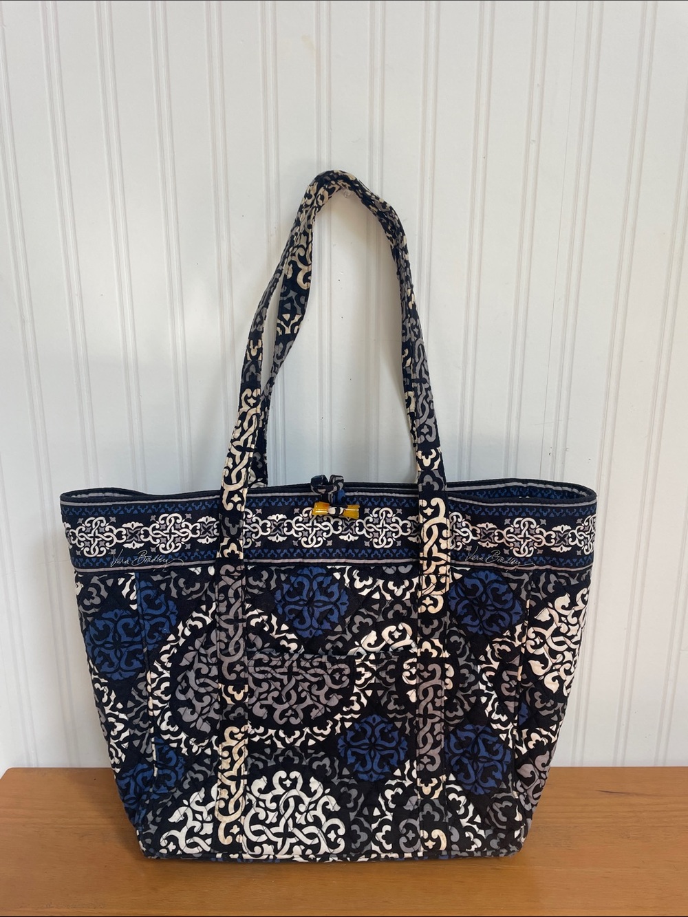Vera Bradley Canterberry Cobalt Retired Toggle Tote Blue Black White Quilted